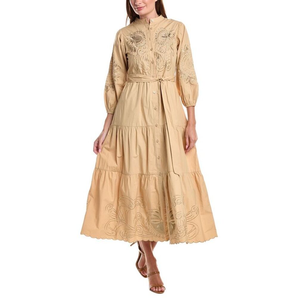 Teri Jon By Rickie Freeman Womens Embroidered Full Sleeve Tiered Dress, Brown